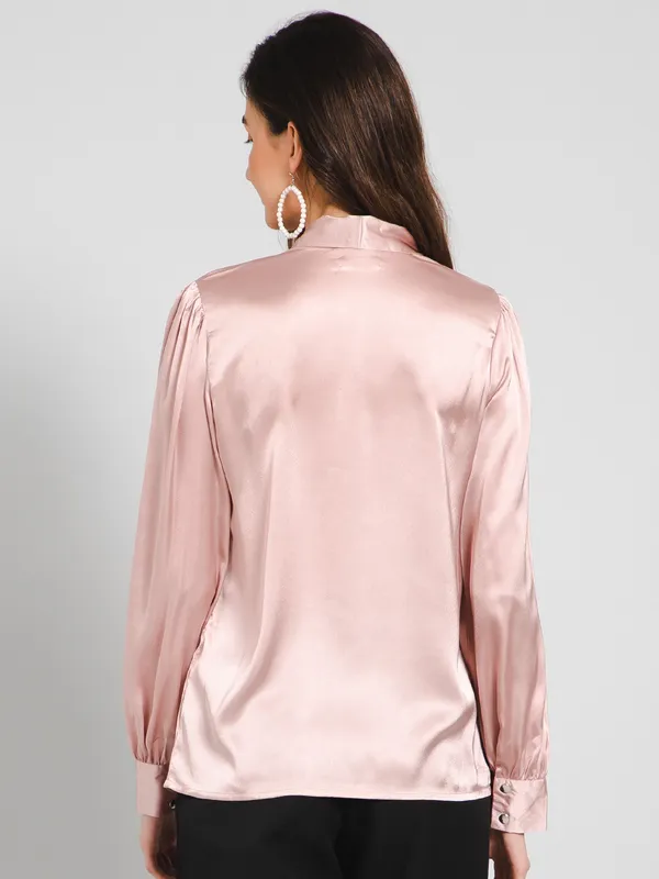 Pink_Cotton_Blend_Tie-Up_Solid_Cuffed_Sleeves_Hip_Length_Shirt_Style_For_Women