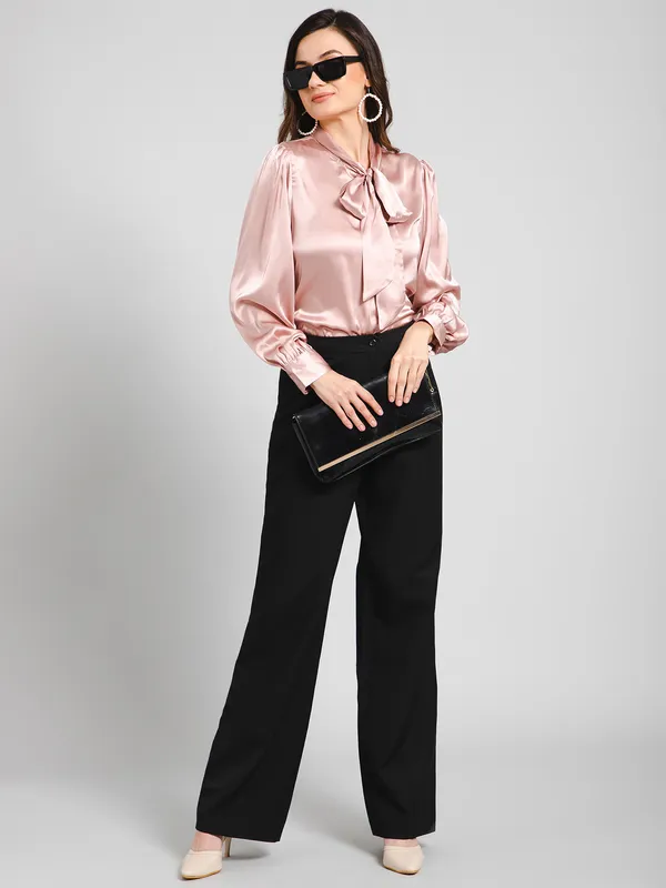 Pink_Cotton_Blend_Tie-Up_Solid_Cuffed_Sleeves_Hip_Length_Shirt_Style_For_Women