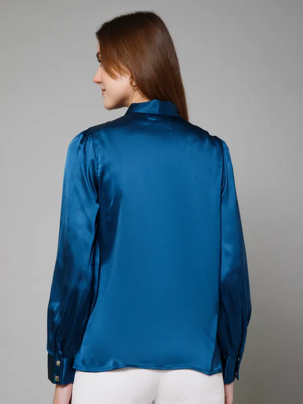 Blue_Satin_Solid_Full_Sleeve_Tie-Up_Hip_Length_Top_For_Women_&_Girls