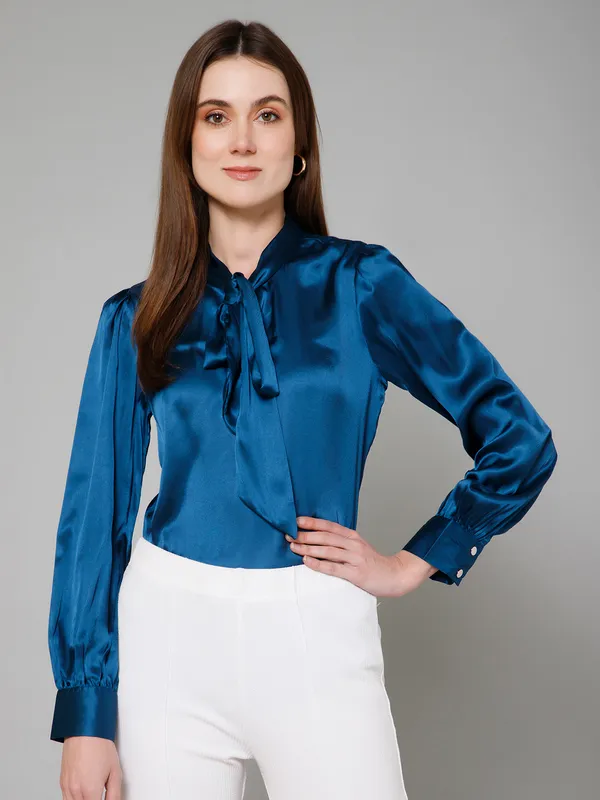 Blue_Satin_Solid_Full_Sleeve_Tie-Up_Hip_Length_Top_For_Women_&_Girls