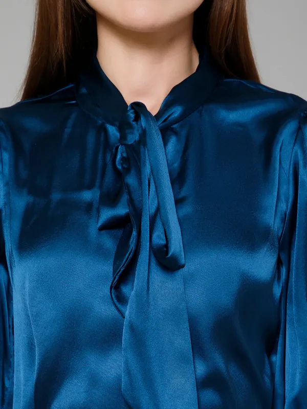 Blue_Satin_Solid_Full_Sleeve_Tie-Up_Hip_Length_Top_For_Women_&_Girls