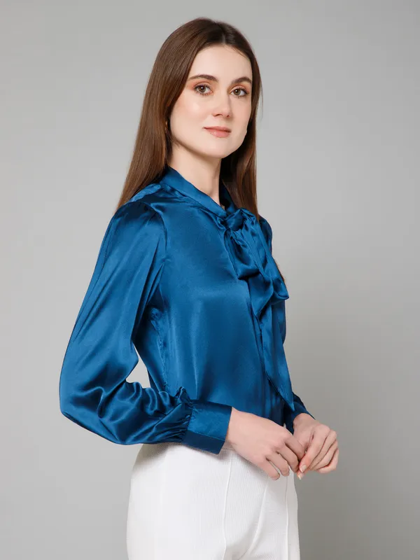 Blue_Satin_Solid_Full_Sleeve_Tie-Up_Hip_Length_Top_For_Women_&_Girls