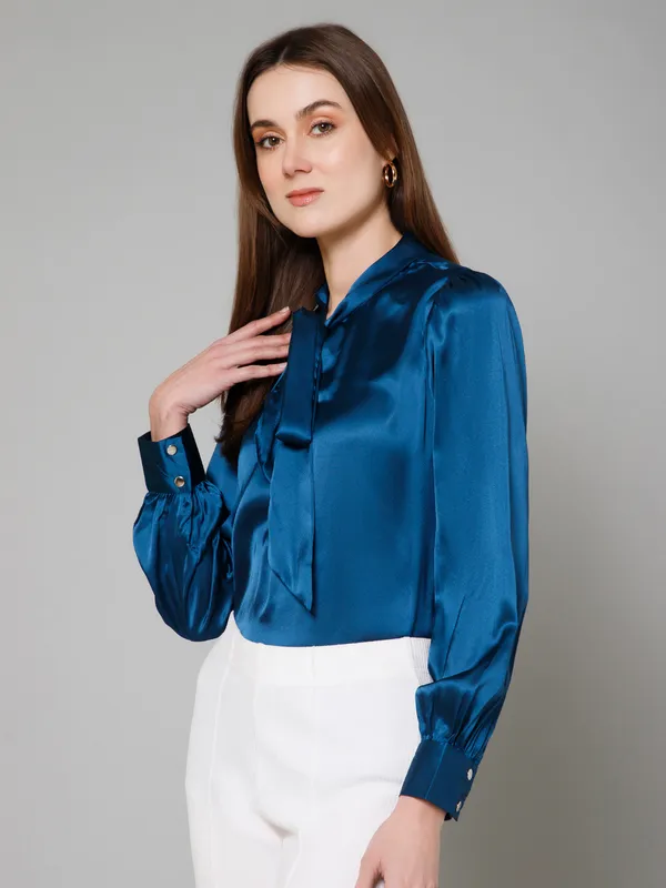 Blue_Satin_Solid_Full_Sleeve_Tie-Up_Hip_Length_Top_For_Women_&_Girls
