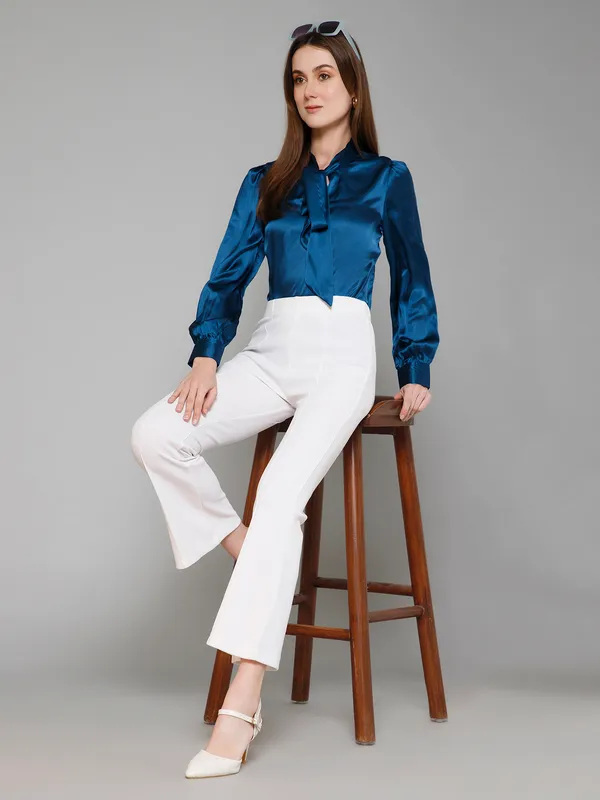 Blue_Satin_Solid_Full_Sleeve_Tie-Up_Hip_Length_Top_For_Women_&_Girls