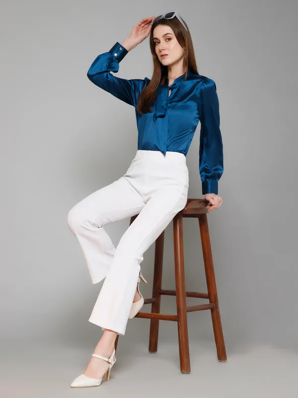 Blue_Satin_Solid_Full_Sleeve_Tie-Up_Hip_Length_Top_For_Women_&_Girls