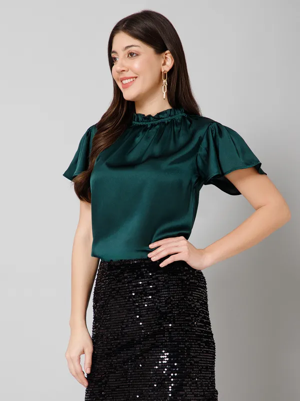 Green_Satin_Round_Neck_Solid_Kimono_Sleeves_Hip_Length_Blouson_Top_For_Women