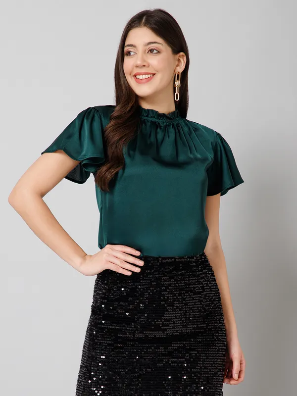 Green_Satin_Round_Neck_Solid_Kimono_Sleeves_Hip_Length_Blouson_Top_For_Women