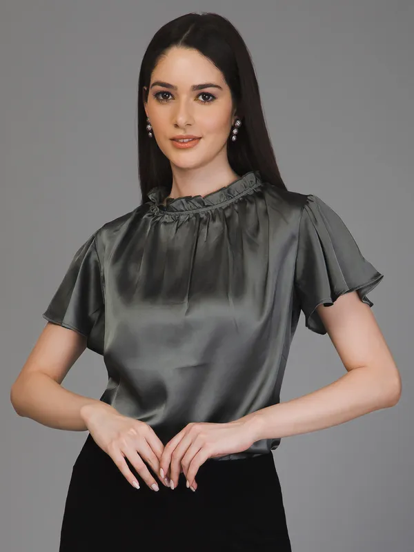 Grey_Satin_Solid_Short_Sleeve_Round_Neck_Hip_Length_Top_For_Women_&_Girls