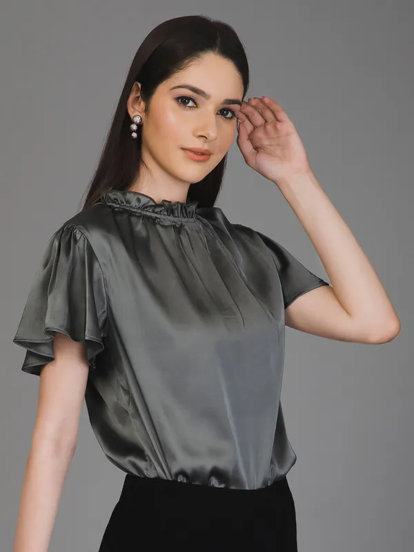 Grey_Satin_Solid_Short_Sleeve_Round_Neck_Hip_Length_Top_For_Women_&_Girls