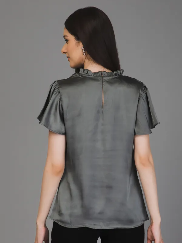 Grey_Satin_Solid_Short_Sleeve_Round_Neck_Hip_Length_Top_For_Women_&_Girls