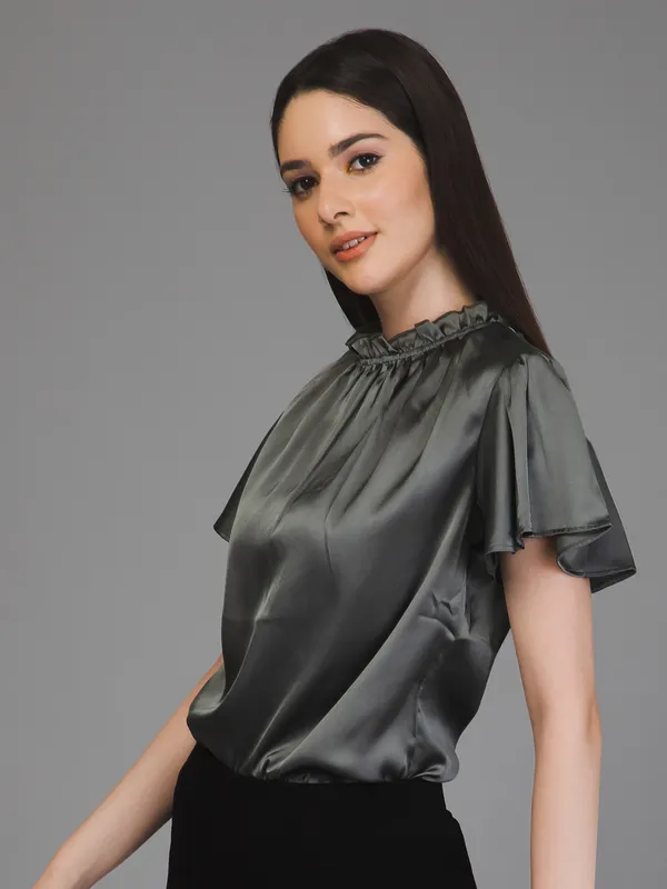 Grey_Satin_Solid_Short_Sleeve_Round_Neck_Hip_Length_Top_For_Women_&_Girls