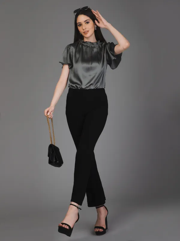 Grey_Satin_Solid_Short_Sleeve_Round_Neck_Hip_Length_Top_For_Women_&_Girls