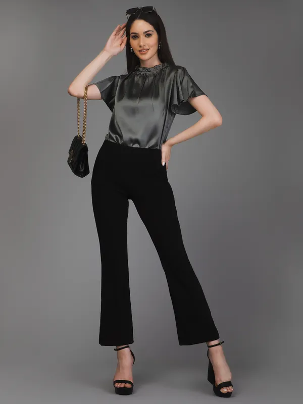 Grey_Satin_Solid_Short_Sleeve_Round_Neck_Hip_Length_Top_For_Women_&_Girls