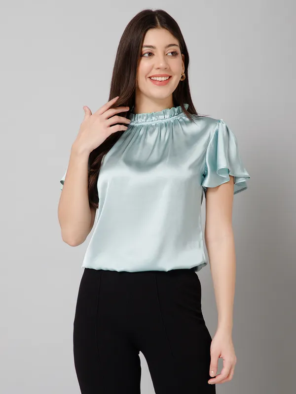 Light_Blue_Satin_Round_Neck_Solid_Kimono_Sleeves_Hip_Length_Blouson_Top_For_Women