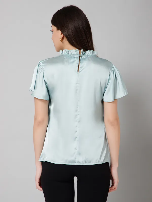 Light_Blue_Satin_Round_Neck_Solid_Kimono_Sleeves_Hip_Length_Blouson_Top_For_Women