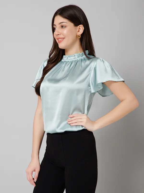 Light_Blue_Satin_Round_Neck_Solid_Kimono_Sleeves_Hip_Length_Blouson_Top_For_Women