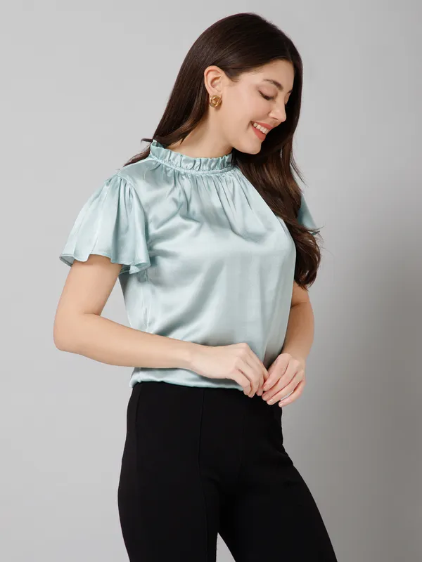 Light_Blue_Satin_Round_Neck_Solid_Kimono_Sleeves_Hip_Length_Blouson_Top_For_Women