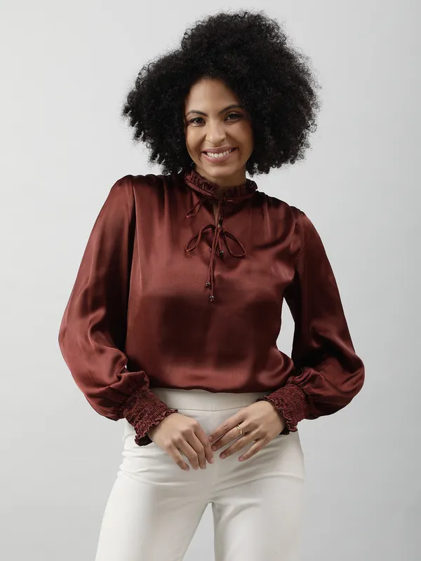 Brown_Satin_Tie-Up_Solid_Puff_Sleeves_Hip_Length_Blouson_Top_For_Women