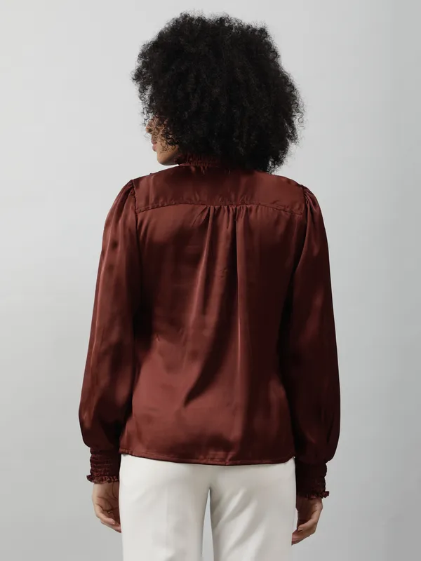 Brown_Satin_Tie-Up_Solid_Puff_Sleeves_Hip_Length_Blouson_Top_For_Women