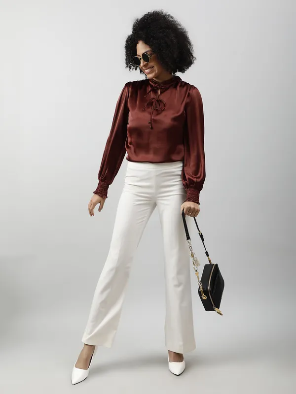 Brown_Satin_Tie-Up_Solid_Puff_Sleeves_Hip_Length_Blouson_Top_For_Women