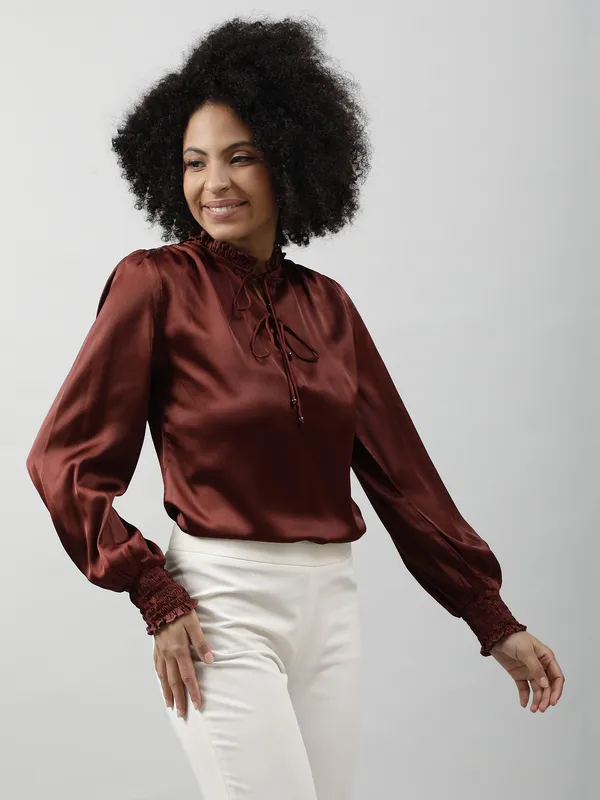 Brown_Satin_Tie-Up_Solid_Puff_Sleeves_Hip_Length_Blouson_Top_For_Women