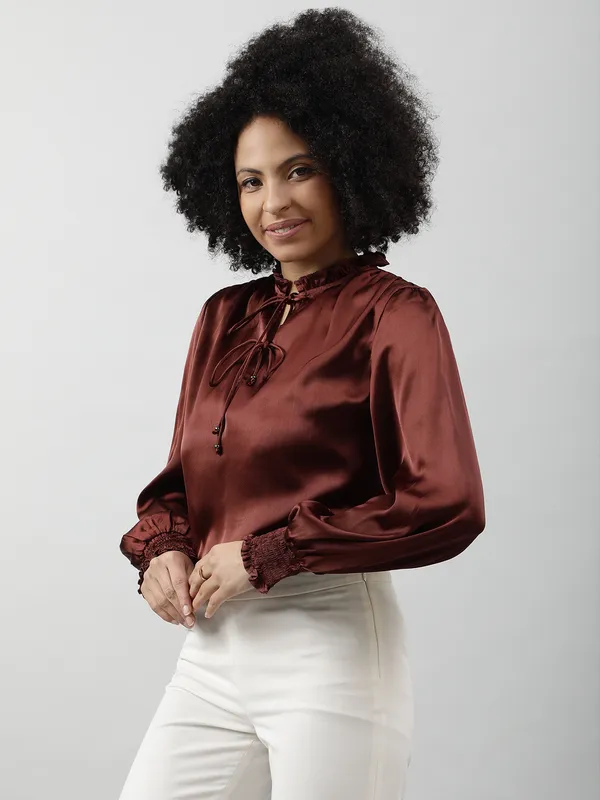 Brown_Satin_Tie-Up_Solid_Puff_Sleeves_Hip_Length_Blouson_Top_For_Women