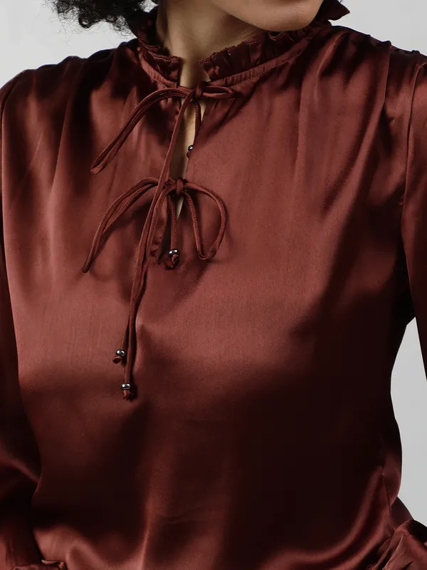 Brown_Satin_Tie-Up_Solid_Puff_Sleeves_Hip_Length_Blouson_Top_For_Women