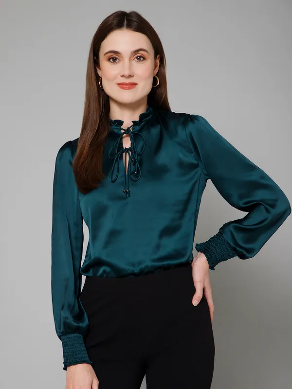 Green_Satin_Solid_Full_Sleeve_Tie-Up_Hip_Length_Top_For_Women_&_Girls