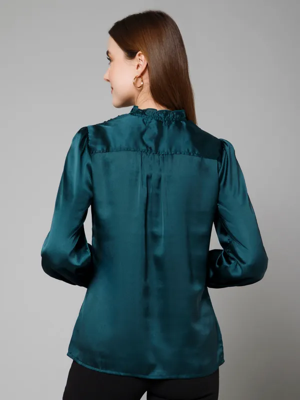 Green_Satin_Solid_Full_Sleeve_Tie-Up_Hip_Length_Top_For_Women_&_Girls