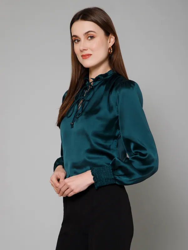 Green_Satin_Solid_Full_Sleeve_Tie-Up_Hip_Length_Top_For_Women_&_Girls