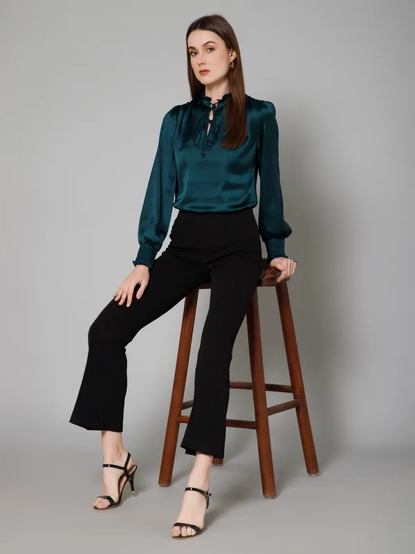 Green_Satin_Solid_Full_Sleeve_Tie-Up_Hip_Length_Top_For_Women_&_Girls