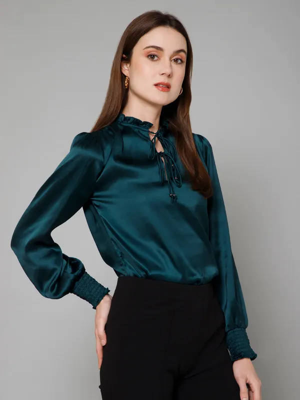 Green_Satin_Solid_Full_Sleeve_Tie-Up_Hip_Length_Top_For_Women_&_Girls