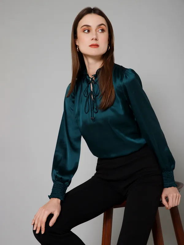 Green_Satin_Solid_Full_Sleeve_Tie-Up_Hip_Length_Top_For_Women_&_Girls