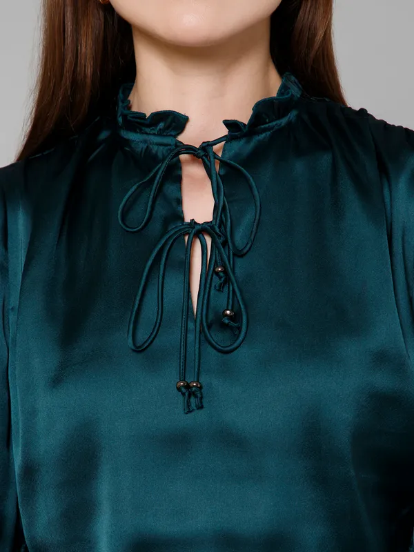 Green_Satin_Solid_Full_Sleeve_Tie-Up_Hip_Length_Top_For_Women_&_Girls