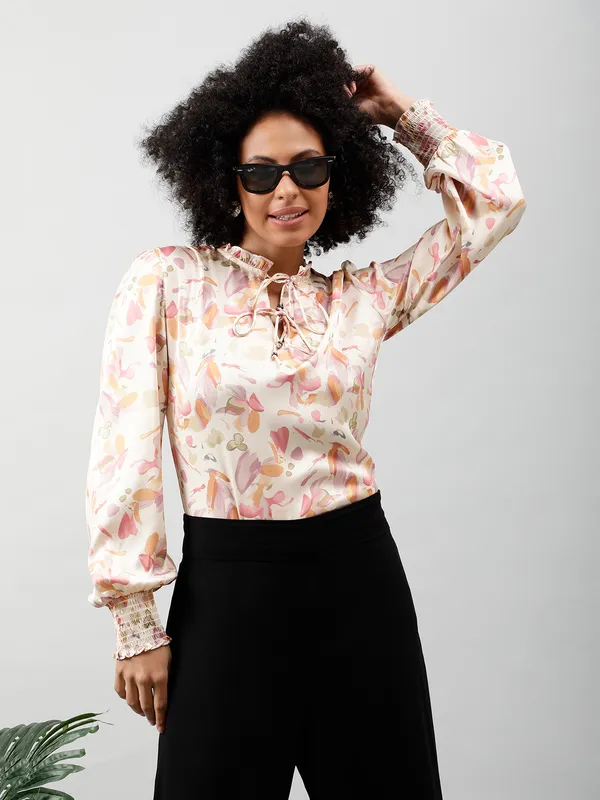 Tie-Up_Neck_Smocked_Satin_Top