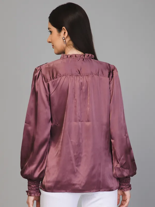 Purple_Satin_Tie-Up_Solid_Puff_Sleeves_Hip_Length_Blouson_Top_For_Women