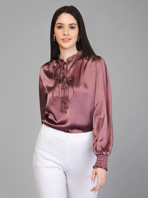 Purple_Satin_Tie-Up_Solid_Puff_Sleeves_Hip_Length_Blouson_Top_For_Women