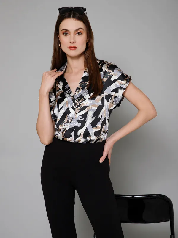 Black,_White_&_Brown_Satin_Abstract_Half_Sleeve_Spread_Collar_Hip_Length_Shirt_For_Women_&_Girls