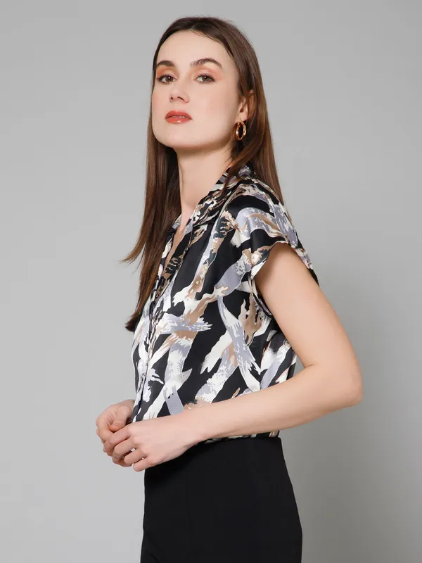 Black,_White_&_Brown_Satin_Abstract_Half_Sleeve_Spread_Collar_Hip_Length_Shirt_For_Women_&_Girls