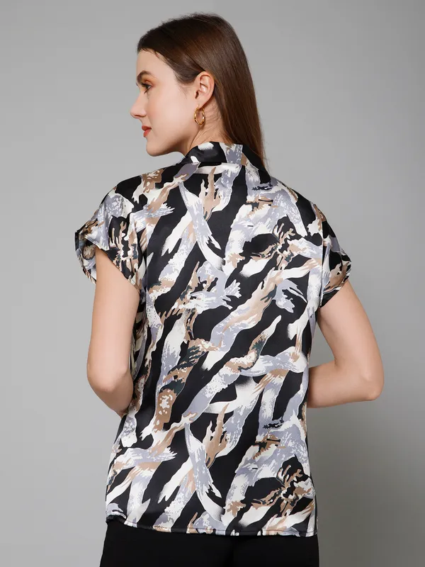 Black,_White_&_Brown_Satin_Abstract_Half_Sleeve_Spread_Collar_Hip_Length_Shirt_For_Women_&_Girls
