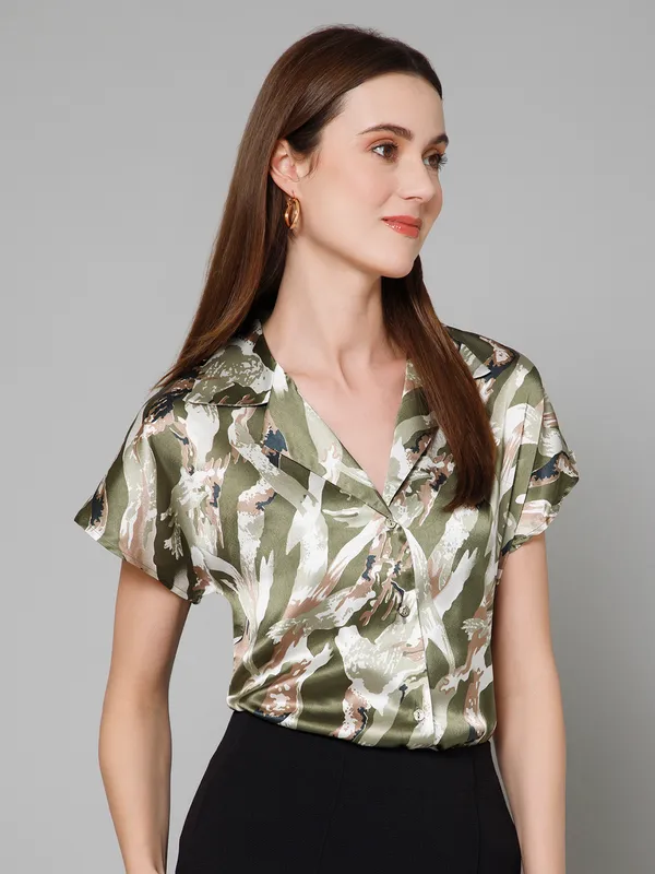 Green,_White_&_Brown_Satin_Abstract_Half_Sleeve_Spread_Collar_Hip_Length_Shirt_For_Women_&_Girls