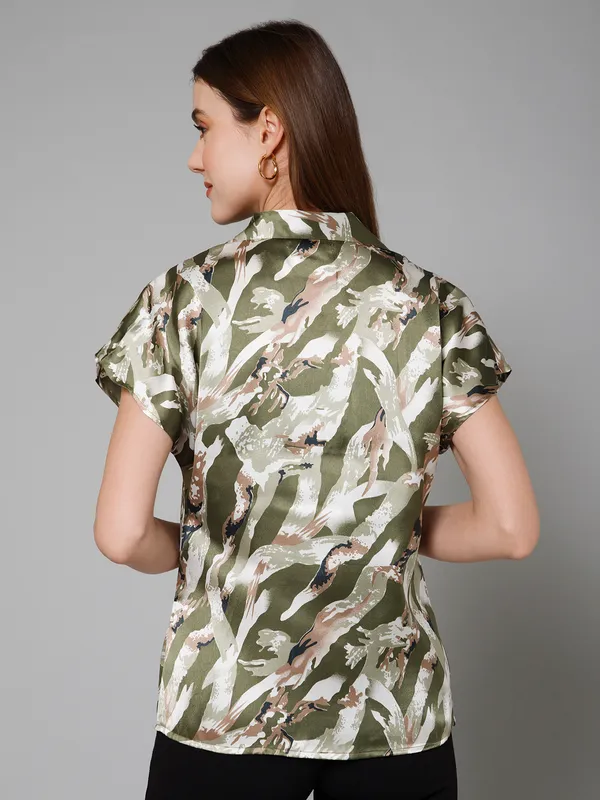 Green,_White_&_Brown_Satin_Abstract_Half_Sleeve_Spread_Collar_Hip_Length_Shirt_For_Women_&_Girls