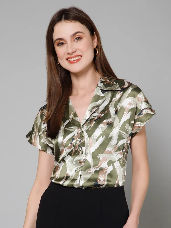 Green,_White_&_Brown_Satin_Abstract_Half_Sleeve_Spread_Collar_Hip_Length_Shirt_For_Women_&_Girls