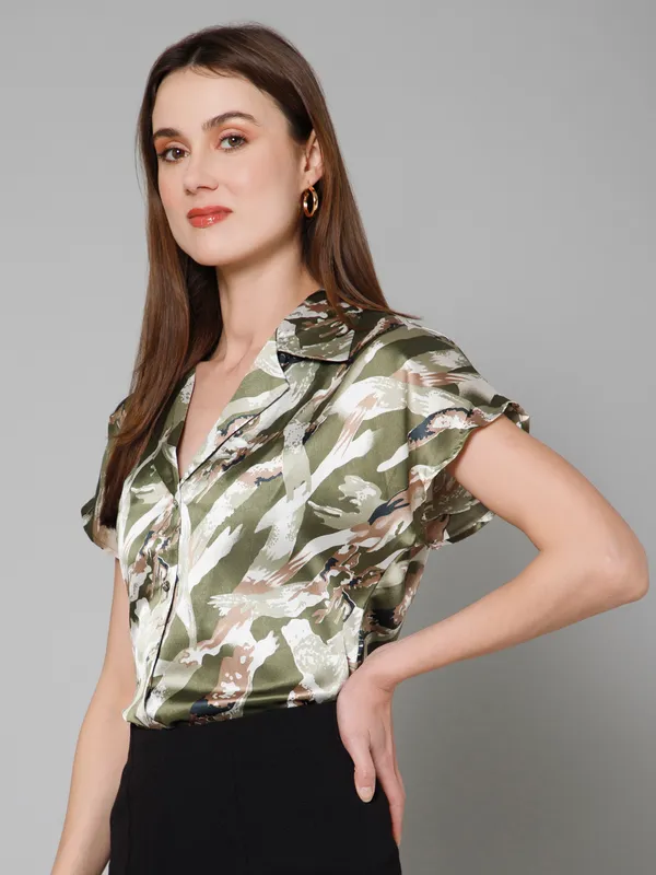 Green,_White_&_Brown_Satin_Abstract_Half_Sleeve_Spread_Collar_Hip_Length_Shirt_For_Women_&_Girls