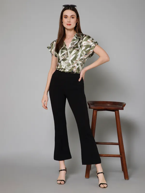 Green,_White_&_Brown_Satin_Abstract_Half_Sleeve_Spread_Collar_Hip_Length_Shirt_For_Women_&_Girls