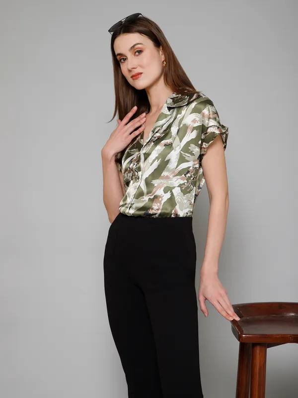 Green,_White_&_Brown_Satin_Abstract_Half_Sleeve_Spread_Collar_Hip_Length_Shirt_For_Women_&_Girls