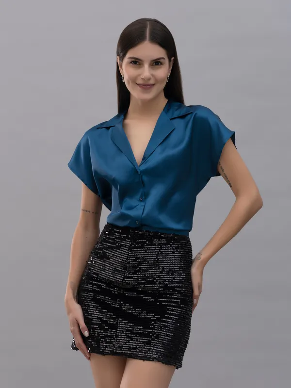 Blue_Satin_Solid_Short_Sleeve_Hip_Length_Shirt_For_Women