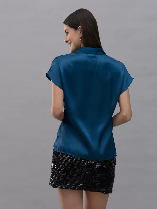 Blue_Satin_Solid_Short_Sleeve_Hip_Length_Shirt_For_Women