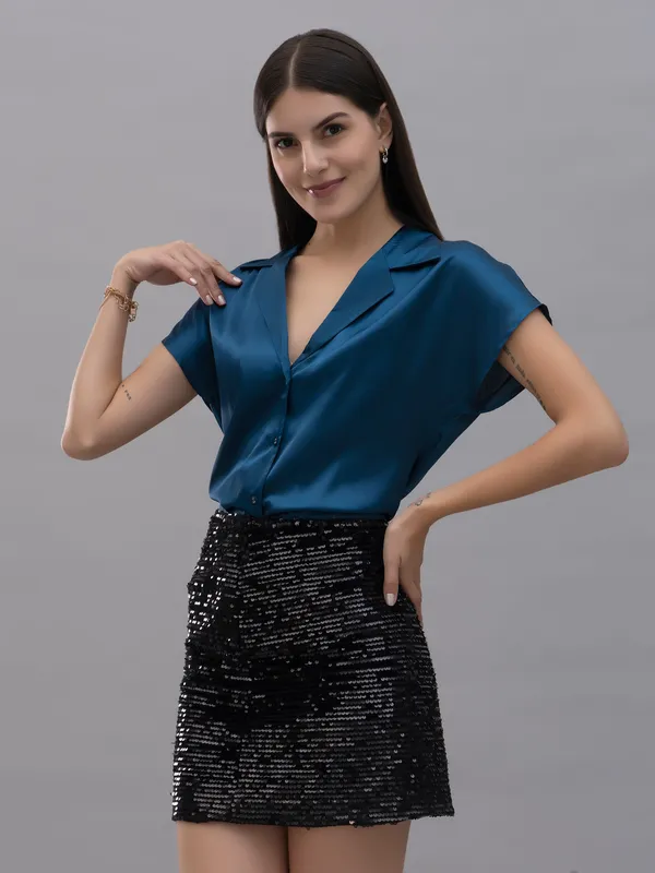 Blue_Satin_Solid_Short_Sleeve_Hip_Length_Shirt_For_Women
