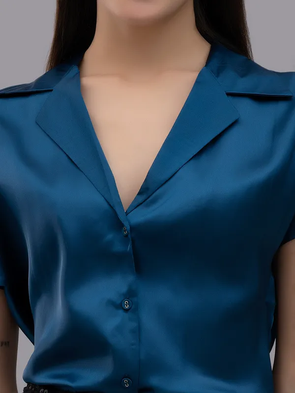 Blue_Satin_Solid_Short_Sleeve_Hip_Length_Shirt_For_Women